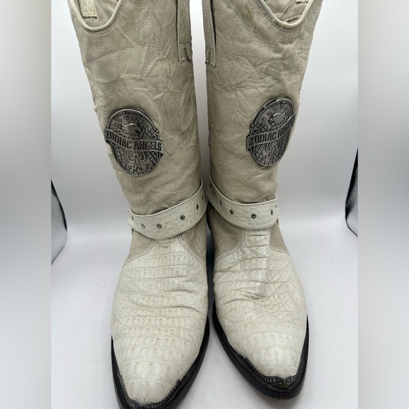 Vintage Zodiac Angels White Leather Cowboy Boots Western Harness Style Mens’s 12 - Picture 10 of 17